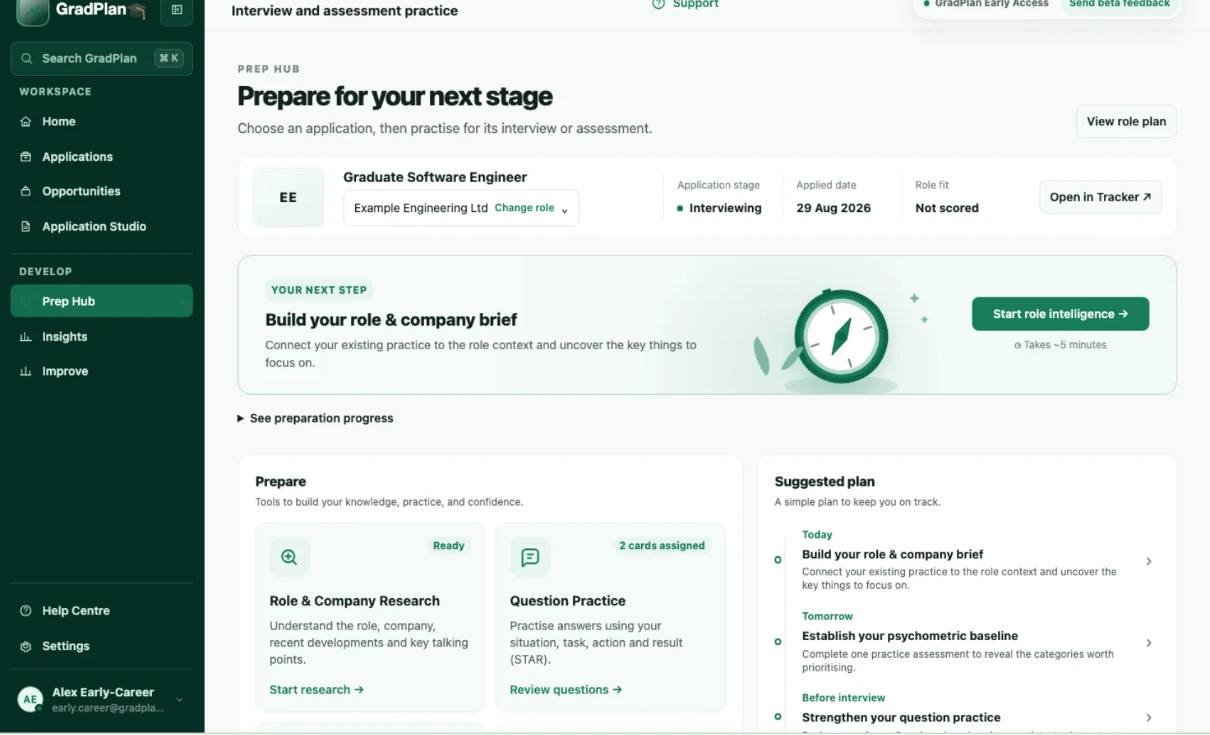 GradPlan Preparation Hub demo showing an example role, company research, question practice and a suggested plan.