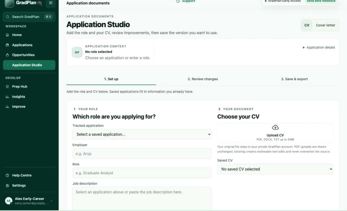 GradPlan Application Studio demo with role selection, job details and CV selection in a guided workspace.