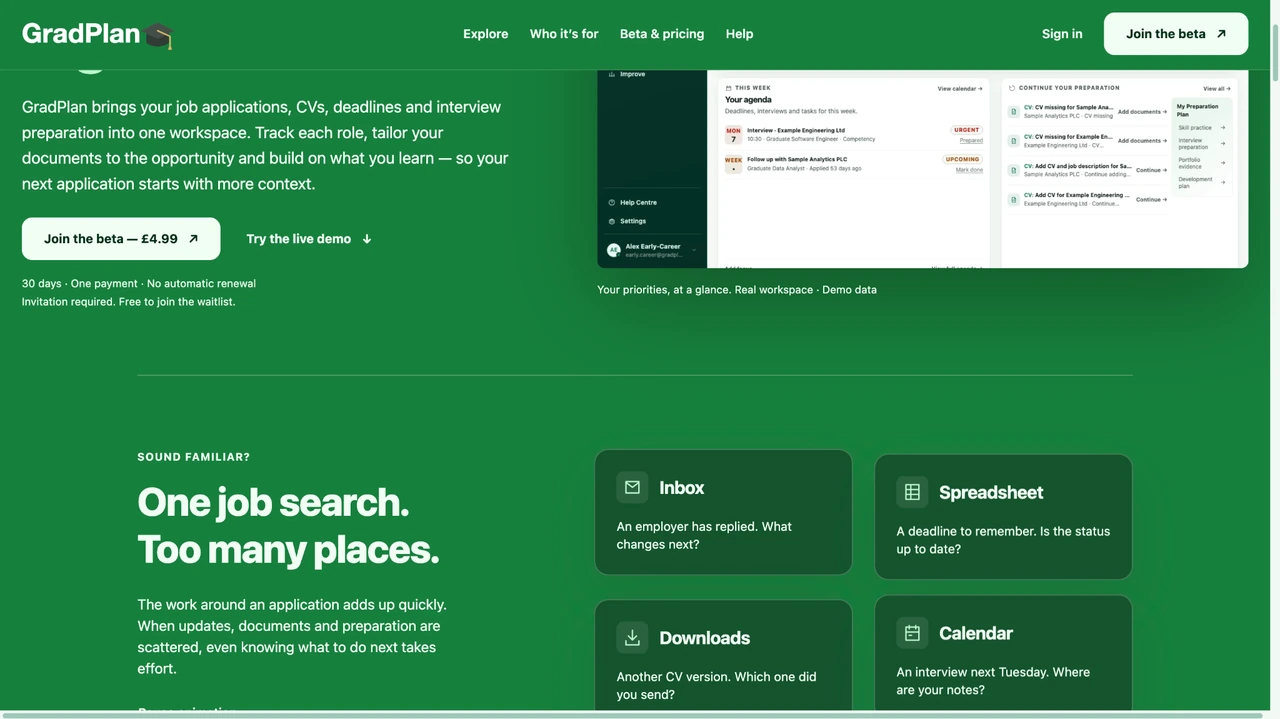 Historical screenshot of the GradPlan website explaining the fragmented job-search problem and showing a demo workspace.